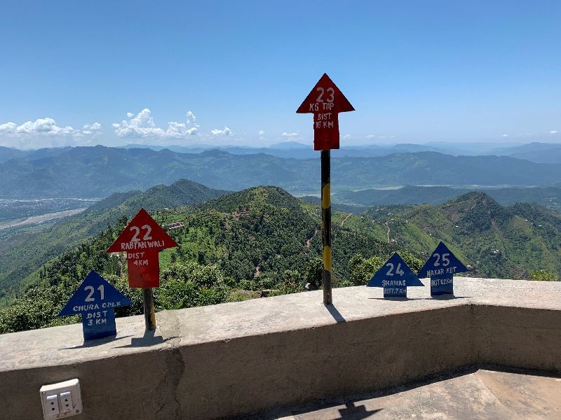 Signs displaying area distance are seen at a hilltop post during a trip organised by the army, near the Line of Control (LoC), in Charikot Sector, Kashmir . REUTERS/Charlotte Greenfield